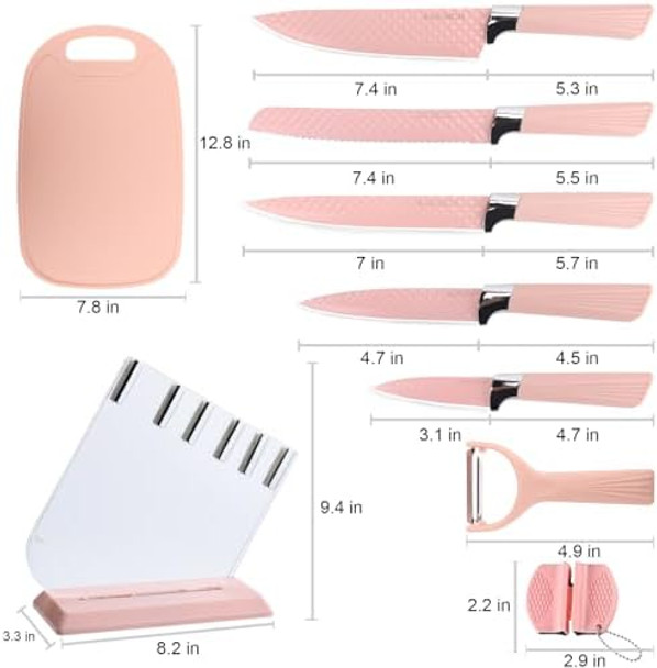 Kitchen Knife Set 9 Pieces Pink Knife Set With Universal Block Cutting Board & Sharpener High Carbon Stainless Steel Chef Knife Block Set For Home And Kitchen With Nonstick Coating