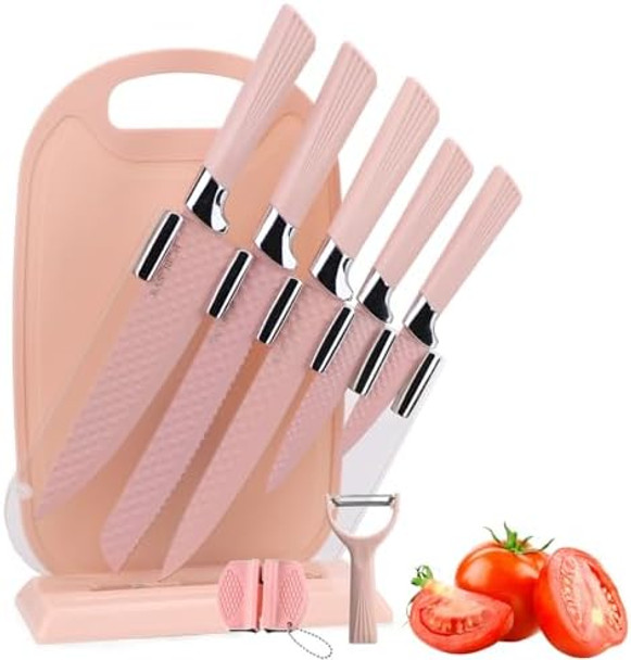 Kitchen Knife Set 9 Pieces Pink Knife Set With Universal Block Cutting Board & Sharpener High Carbon Stainless Steel Chef Knife Block Set For Home And Kitchen With Nonstick Coating Kitchen Knife Set 9 Pieces Pink Knife Set With Universal Block Cutting Board & Sharpener High Carbon Stainless Steel Chef Knife Block Set For Home And Kitchen With Nonstick Coating