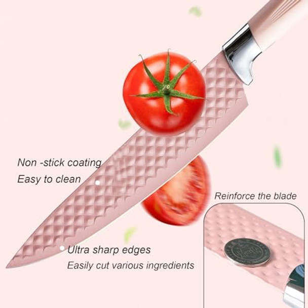 Kitchen Knife Set 9 Pieces Pink Knife Set With Universal Block Cutting Board & Sharpener High Carbon Stainless Steel Chef Knife Block Set For Home And Kitchen With Nonstick Coating Kitchen Knife Set 9 Pieces Pink Knife Set With Universal Block Cutting Board & Sharpener High Carbon Stainless Steel Chef Knife Block Set For Home And Kitchen With Nonstick Coating