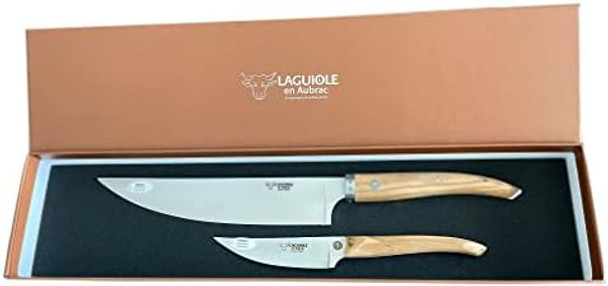 Laguiole En Aubrac Cuisine Gourmet Stainless Fully Forged Steel Made In France Essential 2-Piece Premium Kitchen Knife Set With Olivewood Handles 8-Chef Knife And 4-In Paring Knife