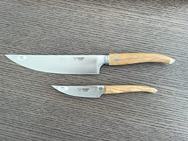 Laguiole En Aubrac Cuisine Gourmet Stainless Fully Forged Steel Made In France Essential 2-Piece Premium Kitchen Knife Set With Olivewood Handles 8-Chef Knife And 4-In Paring Knife
