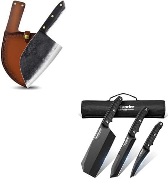 lander Serbian Chef Knife Heavy Duty Handmade Forged Meat Cleaver For Meat Cutting 3Pcs Butcher Knife Set Sharp Chef Knife Set Dishwasher Safe With Roll Bag