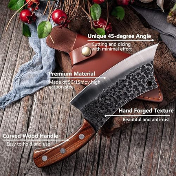 lander Hand Forged Meat Cleaver Knife For Meat Cutting 3Pcs Butcher Knife Set For Meat Cutting Sharp Chef Knife Set Dishwasher Safe With Roll Bag