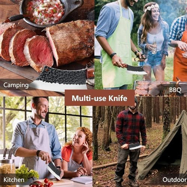 lander Hand Forged Meat Cleaver Knife For Meat Cutting 3Pcs Butcher Knife Set For Meat Cutting Sharp Chef Knife Set Dishwasher Safe With Roll Bag