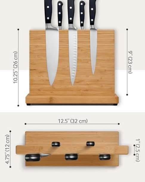 Larhn Magnetic Knife Block - Powerful Double-Sided Wooden Magnetic Knife Holder For Up To 9″ Knives - Supplied As Empty Knife Block Without Knives