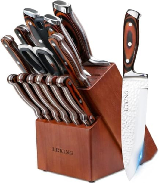 Leking 15-Piece Block Knife Set With Wooden Block Premium High Carbon Stainless Steel Chef Knife Set With Pakka Wooden Handle Kitchen Knife Sets With Sharpener Knives Set Scissor 6 Steak Knives