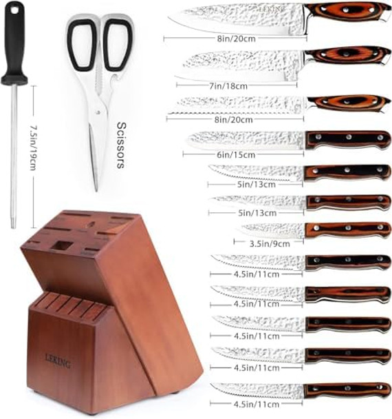 Leking 15-Piece Block Knife Set With Wooden Block Premium High Carbon Stainless Steel Chef Knife Set With Pakka Wooden Handle Kitchen Knife Sets With Sharpener Knives Set Scissor 6 Steak Knives