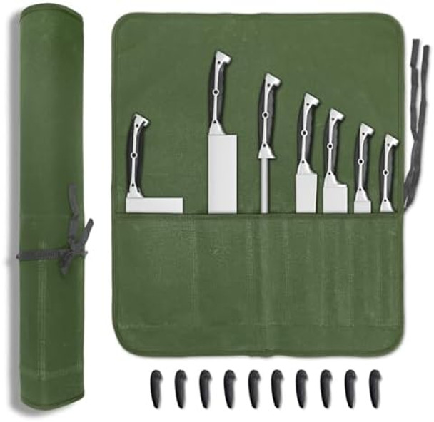 Knife Roll Chef Knife Bag Waxed Canvas Heavy Duty Knife Pouch With 7 Slots Knife Bags For Chefs Professional With Knife Tip Protectors Tool Storage Roll For Kitchen Travel Camping (Green)