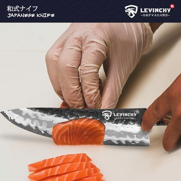 Damascus Kitchen Knife Set 6 Pieces Black Premium G10 Handle Chef Knife/Santoku/Boning/Utility/Steak/Magnetic Knife Block