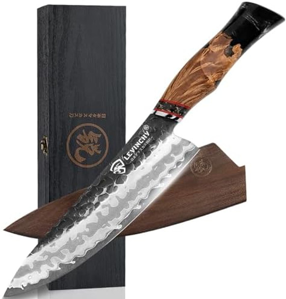 Damascus Kitchen Knife Set 6 Pieces Black Premium G10 Handle Chef Knife/Santoku/Boning/Utility/Steak/Magnetic Knife Block