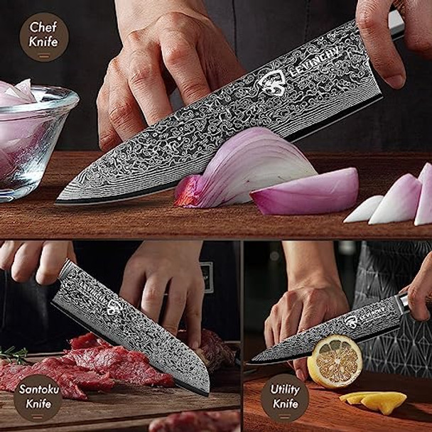 Damascus Kitchen Knife Set 3 Pieces Chef Knife/Santoku/Steak Handmade Damascus Stainless Steel Kitchen Knife Ergonomic Pakka Wood Handle