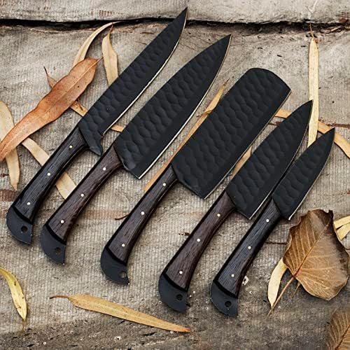 Hand Forged Chef Knife Set With Leather Roll Kit - Slicing And Peeling Butcher Knife Christmas - Durable Meat Cutting D2 Steel Cooking Knives For Her Kitchen And Dining - 5Pcs
