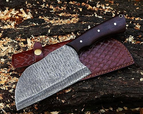Damascus Steel d Serbian Chef Knife Meat Cleaver Knife For Meat Cutting Forged Butcher Knife With Sheath Kitchen Knives Full Tang Chopping Knife For Home Outdoor Cooking Camping (Leader)