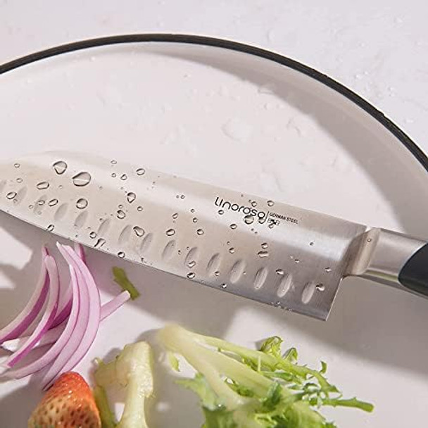 Linoroso Santoku Knife 7 Inch Meat Kitchen Asian Chef Knife German High Carbon Stainless Steel Chopping Knife With Full Tang Ergonomic Handle For Home Kitchen And Restaurant