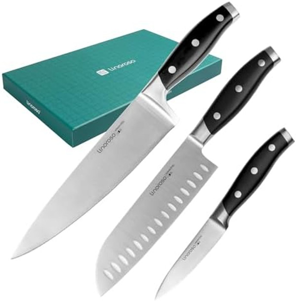 Linoroso 3 Piece Knife Set Chef Santoku Paring Knife Set With Elegant Box Sharp Forged German Carbon Stainless Steel Knives With Full Tang Ergonomic Handle For Home Kitchen And Restaurant Linoroso 3 Piece Knife Set Chef Santoku Paring Knife Set With Elegant Box Sharp Forged German Carbon Stainless Steel Knives With Full Tang Ergonomic Handle For Home Kitchen And Restaurant