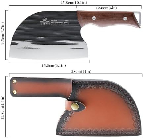 Serbain Chef Knife Little Cook 6.1 Inch Ancient Forged Meat Cleaver Butcher Knife With Ergonomic Wood Handle Leather Sheath & Box Included
