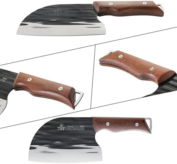 Serbain Chef Knife Little Cook 6.1 Inch Ancient Forged Meat Cleaver Butcher Knife With Ergonomic Wood Handle Leather Sheath & Box Included