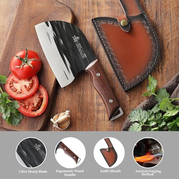 Serbain Chef Knife Little Cook 6.1 Inch Ancient Forged Meat Cleaver Butcher Knife With Ergonomic Wood Handle Leather Sheath & Box Included