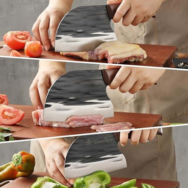 Serbain Chef Knife Little Cook 6.1 Inch Ancient Forged Meat Cleaver Butcher Knife With Ergonomic Wood Handle Leather Sheath & Box Included