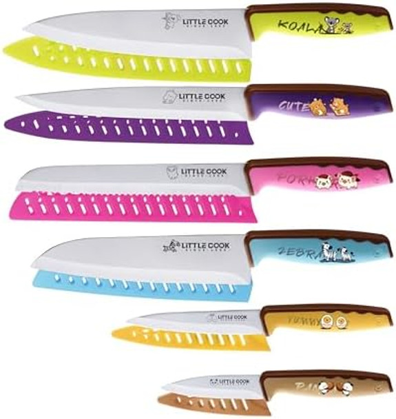 6Pcs Kitchen Knife Set With Covers Little Cook Stainless Steel Sharp Knives With Ergonomic Non-Slip Handle Cute And Colorful Knife Set For Cooking And Cutting