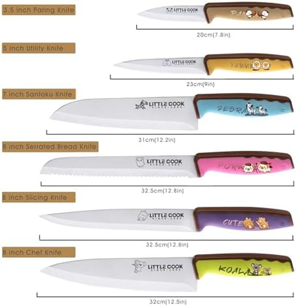 6Pcs Kitchen Knife Set With Covers Little Cook Stainless Steel Sharp Knives With Ergonomic Non-Slip Handle Cute And Colorful Knife Set For Cooking And Cutting
