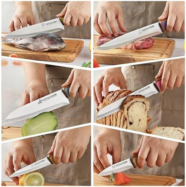 6Pcs Kitchen Knife Set With Covers Little Cook Stainless Steel Sharp Knives With Ergonomic Non-Slip Handle Cute And Colorful Knife Set For Cooking And Cutting
