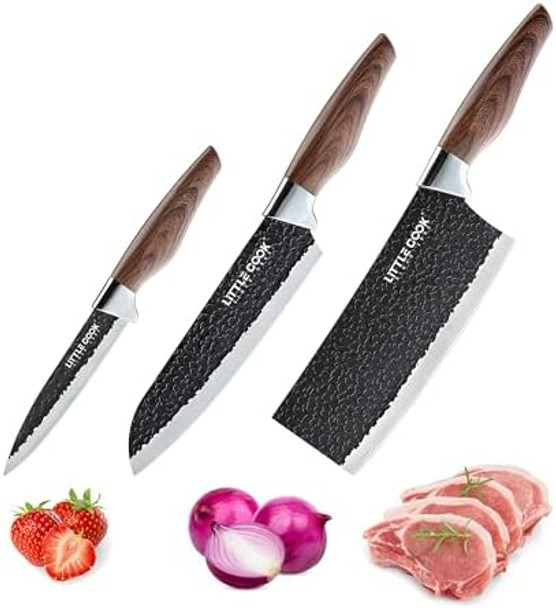 3Pcs Chef Knife Little Cook Chef Knife Set Includes 7 Inch Chef Knife 7 Inch Cleaver Knife And 4.5 Inch Boning Knife Premium Stainless Steel With Ergonomic Plastic Handle (Blackening Technique)