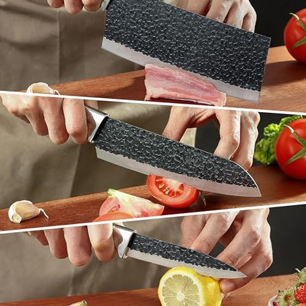3Pcs Chef Knife Little Cook Chef Knife Set Includes 7 Inch Chef Knife 7 Inch Cleaver Knife And 4.5 Inch Boning Knife Premium Stainless Steel With Ergonomic Plastic Handle (Blackening Technique)