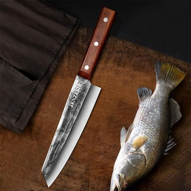 Handmade Forged Kiritsuke Knifeultra Sharp Japanese Chef Knife 8 Inch 9Cr18Mov Steel Professional Cooking Knives Octagon Handle Gyuto Knife For Home Kitchen & Restaurant Brown/Silver