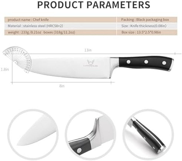 Chef Knife 8 Inch High Carbon Stainless Steel Sharp Kitchen Knife For Slicing Professional Hand Forged Cooking Knife With Full Tang Ergonomic Abs Handle Box For Family & Restaurant