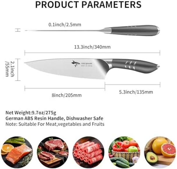 Mad Shark Chef Knife Razor Sharp Kitchen Knife Well Balanced Cooking Knife With Box 8 Inch Grey
