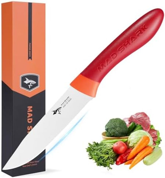 Mad Shark Paring Knife 5 Inch Ultra Sharp Fruit Knife Small Kitchen Knife German Stainless Steel Ergonomic Handle Design For Precise Cutting Peeling Slicing (Red)