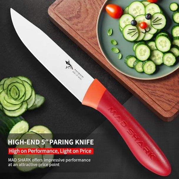 Mad Shark Paring Knife 5 Inch Ultra Sharp Fruit Knife Small Kitchen Knife German Stainless Steel Ergonomic Handle Design For Precise Cutting Peeling Slicing (Red)