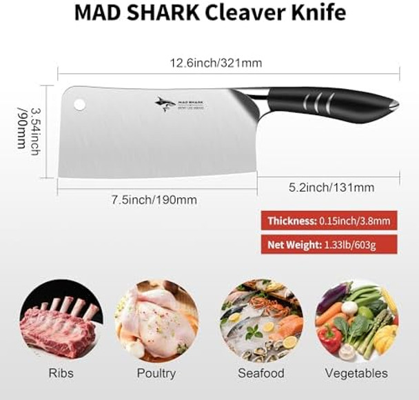 Mad Shark 7.5 Inch Meat Cleaver Knife Professional Bone Chopping Butcher With Heavy Duty Blade German Military Grade Composite Steel Chinese Chef'S Bone Cutting Knife For Home Kitchen & Restaurant