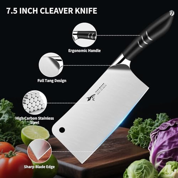 Mad Shark 7.5 Inch Meat Cleaver Knife Professional Bone Chopping Butcher With Heavy Duty Blade German Military Grade Composite Steel Chinese Chef'S Bone Cutting Knife For Home Kitchen & Restaurant