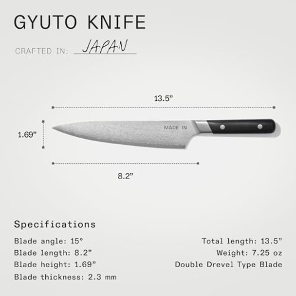 Made In Cookware - 8" Japanese Damascus Steel Gyuto (Chef Knife) - 66 Layers Of Damascus Steel With A Vg-10 Core - Crafted In Japan - Full Tang With Black Pom Handle