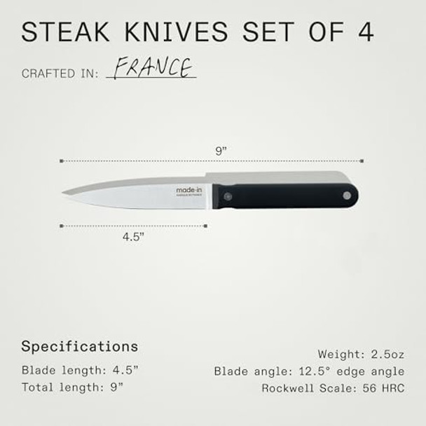 Made In Cookware - Steak Knives - Set Of 4 - Crafted In France - Full Tang With Truffle Black Handle