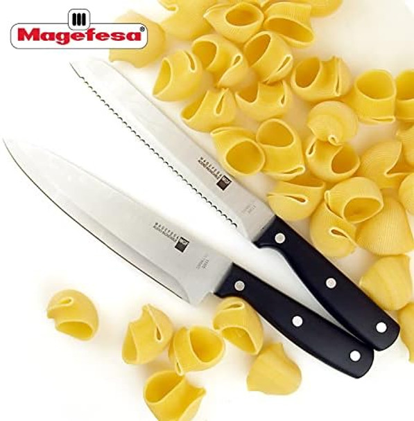 Magefesa Blade - Kitchen Knives Set 5 Pieces Peeler Utility Fillet Bread Chef Stainless Steel With Ergonomic Handles Includes A Wooden Support To Place The Knives.