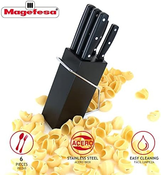 Magefesa Blade 5-Piece Kitchen Knives Set Includes Peeler Utility Fillet Bread & Chef Knife Made Of Stainless Steel Ergonomic Handles Wooden Storage Block Included