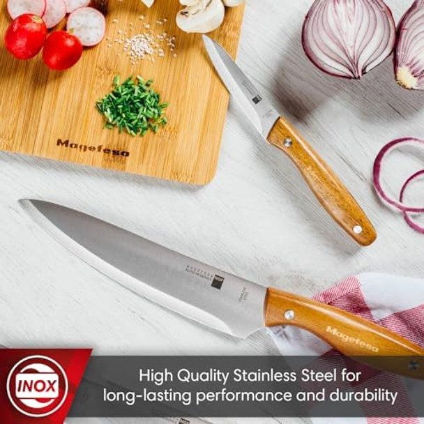 Magefesa Magwood 4-Piece Kitchen Knife Set – Chef Carving Utility And Paring Knives With Stainless Steel Blades Ergonomic Wooden Handles Durable And Easy To Clean