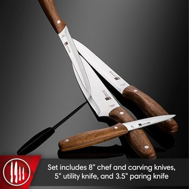 Magefesa Magwood 4-Piece Kitchen Knife Set – Chef Carving Utility And Paring Knives With Stainless Steel Blades Ergonomic Wooden Handles Durable And Easy To Clean
