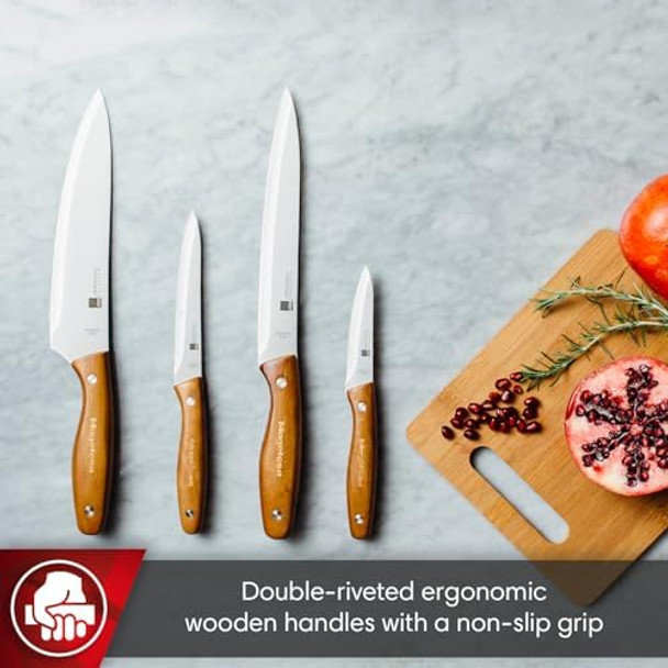 Magefesa Magwood 4-Piece Kitchen Knife Set – Chef Carving Utility And Paring Knives With Stainless Steel Blades Ergonomic Wooden Handles Durable And Easy To Clean