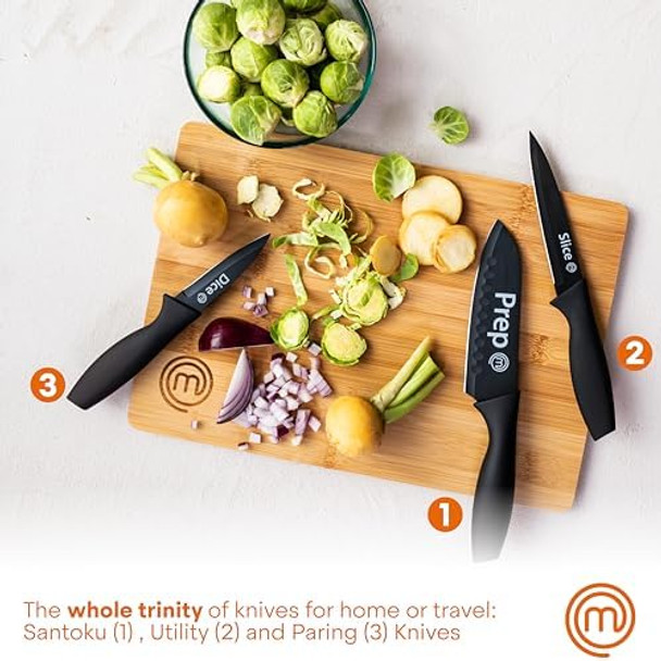 Masterchef Kitchen Knives Set Of 3 Small Knife Set For Home Cooking Rv Or Camping Extra Sharp Cutting Non Stick Coated Stainless Steel Blades & Soft-Touch Easy-Grip Handles Black With Captions