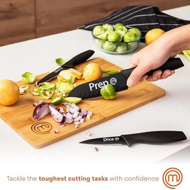 Masterchef Kitchen Knives Set Of 3 Small Knife Set For Home Cooking Rv Or Camping Extra Sharp Cutting Non Stick Coated Stainless Steel Blades & Soft-Touch Easy-Grip Handles Black With Captions
