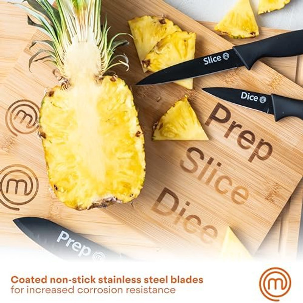 Masterchef Kitchen Knives Set Of 3 Small Knife Set For Home Cooking Rv Or Camping Extra Sharp Cutting Non Stick Coated Stainless Steel Blades & Soft-Touch Easy-Grip Handles Black With Captions