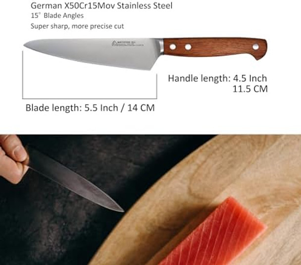 Mattstone Hill Utility Knife 5.5 Inch - Small Kitchen Compact Chef Knife Petty German Steel Wood Handle Mattstone Hill Utility Knife 5.5 Inch - Small Kitchen Compact Chef Knife Petty German Steel Wood Handle