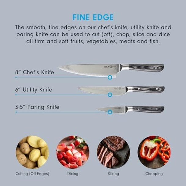 Messermeister Avanta Damascus Forged 3-Piece Pakkawood Starter Set - Includes 8” Chef’S 6” Utility & 3” Paring Knife
