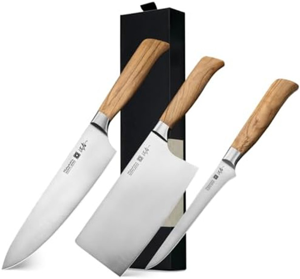 Mitsuharu 7" Meat Cleaver Knife & 6" Boning Knife & 8" Chef Knife Shoman Series Kitchen Knife With Razor Sharp High Carbon German Steel Blade Ergonomic Olive Wood Handle