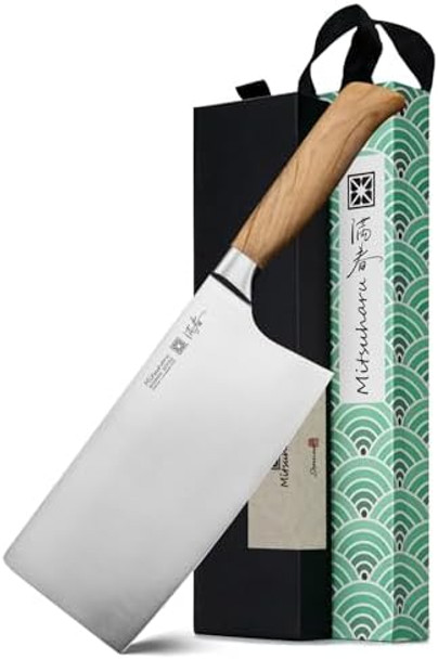 Mitsuharu 7 Inch Meat Cleaver Knife Shoman Series Chinese Classic Knife German High Carbon Stainless Steel Kitchen Knives With Olive Wood Handle Professional Butcher Chef Chopper With Case