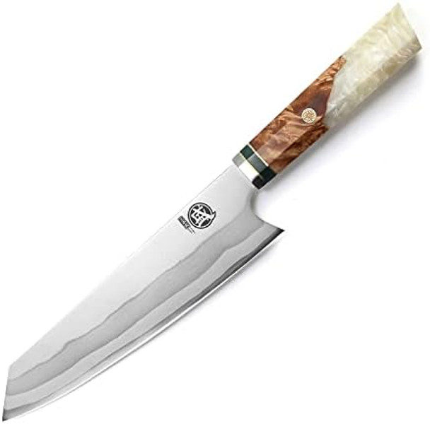 Mitsumoto Sakari 8 Inch Japanese Kiritsuke Chef Knife Hand Forged 67 Layers 440C Damascus Steel Kitchen Knives Professional Meat Sushi Chef'S Knife (White Pomegranate Handle & Sandalwood Box)